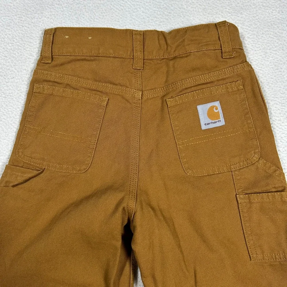 Carhartt Carpenter Pants Kids Size 7 Brown Flannel Lined Duck Canvas Plaid Cuff